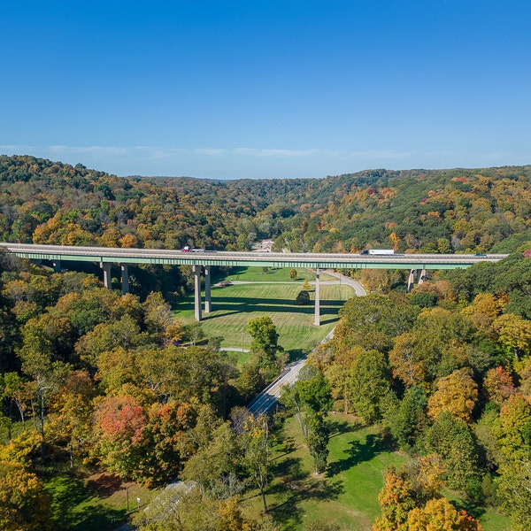 Autumn Leaves Color Scenery Aerial Photo, Autumn Panoramic Fall from Pennsylvania Bridge, Digital Nature's Masterpiece of Autumnal Serenity