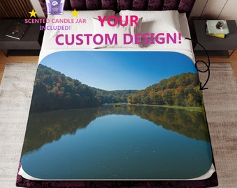 Personalized Blanket, Custom Design Photo, Home, Couch & Bedroom Decor, Sherpa, Bedding Cover Gift, Autumn Leaves Ohio River