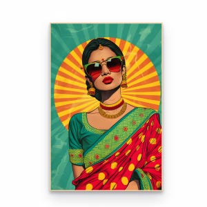 May include: A pop art style illustration of a person wearing red-tinted sunglasses, gold jhumka earrings, and a layered gold necklace. The person is dressed in a green blouse and a red sari with yellow polka dots against a sunburst background.
