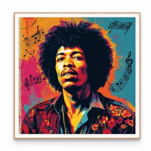 May include: A vibrant, multi-colored pop art portrait of Jimi Hendrix featuring a large afro hairstyle. The background consists of orange, pink, and teal paint splatters with black musical notes and staff lines floating around the subject.