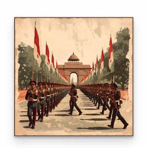 May include: A square art print depicting a military parade with soldiers in dark uniforms marching in two lines toward a large stone archway. Rows of tall flags with red, white, and green stripes line the path, set against a vintage-style background.