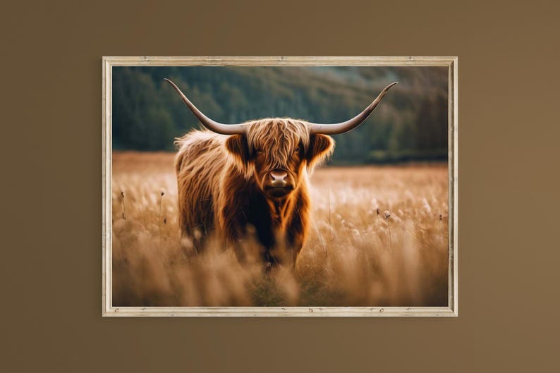 May include: A brown Highland cow with long, shaggy fur and large horns stands in a field of tall grass. The cow is looking directly at the camera.