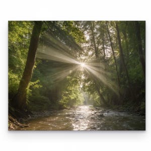 Può includere: Una scena boschiva illuminata dal sole con un fiume che scorre circondato da fitti alberi verdi. Luminosi raggi di sole filtrano attraverso la chioma, creando un effetto di luce drammatico sull'acqua e sulla vegetazione lussureggiante.