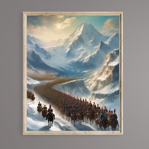 May include: A painting depicting a large group of soldiers on horseback marching through a snowy mountain pass. The soldiers are wearing red and blue uniforms and are carrying weapons. The mountains are snow-capped and the sky is a bright blue.
