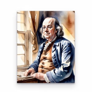 Peut inclure: Un portrait à l'aquarelle de Benjamin Franklin portant un manteau bleu, un gilet marron et des lunettes rondes. Il est placé près d'une fenêtre avec des rideaux drapés, ses mains reposant sur un document posé sur un bureau en bois.