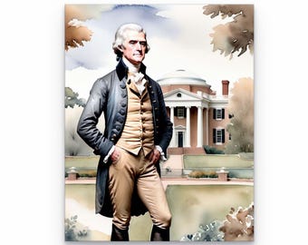 Puede incluir: Un retrato al estilo acuarela de Thomas Jefferson vistiendo una levita gris oscuro, un chaleco color canela y calzones. Está de pie con las manos en los bolsillos frente a un gran edificio blanco con columnas y cúpula, sobre un paisaje suave.