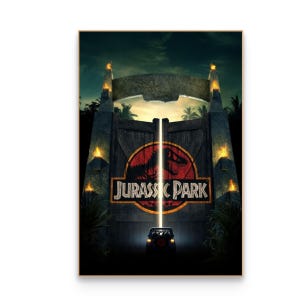 May include: A vertical poster featuring the iconic Jurassic Park entrance gates at night. The large wooden doors display the red and black dinosaur skeleton logo with the text JURASSIC PARK. A vehicle is parked in front with a bright light beam.