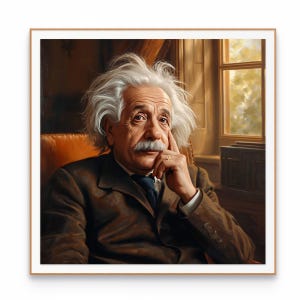 May include: A portrait of Albert Einstein with his signature wild white hair and mustache, wearing a dark brown suit jacket, a white collared shirt, and a dark tie. He is seated in a chair with his hand resting near his face, looking forward.