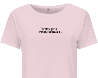 Top corto inspirado en la Fórmula 1 con el lema "Las chicas guapas ven la Fórmula 1" / F1 / Camiseta de F1 / Automovilismo / Ferrari / McLaren / Red Bull / Colores pastel