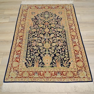 3x5 Blue Silk Hereke Rug - Hand Knotted Vintage Oriental Rug