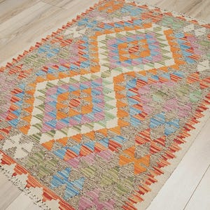 3x4 Ft Tribal Killim Rug - Orange & Blue Flatweave Rug