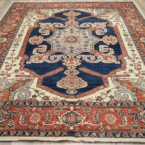 8x10 Ft Blue & Red Heriz Rug: Hand -Knotted Oriental Wool Rug