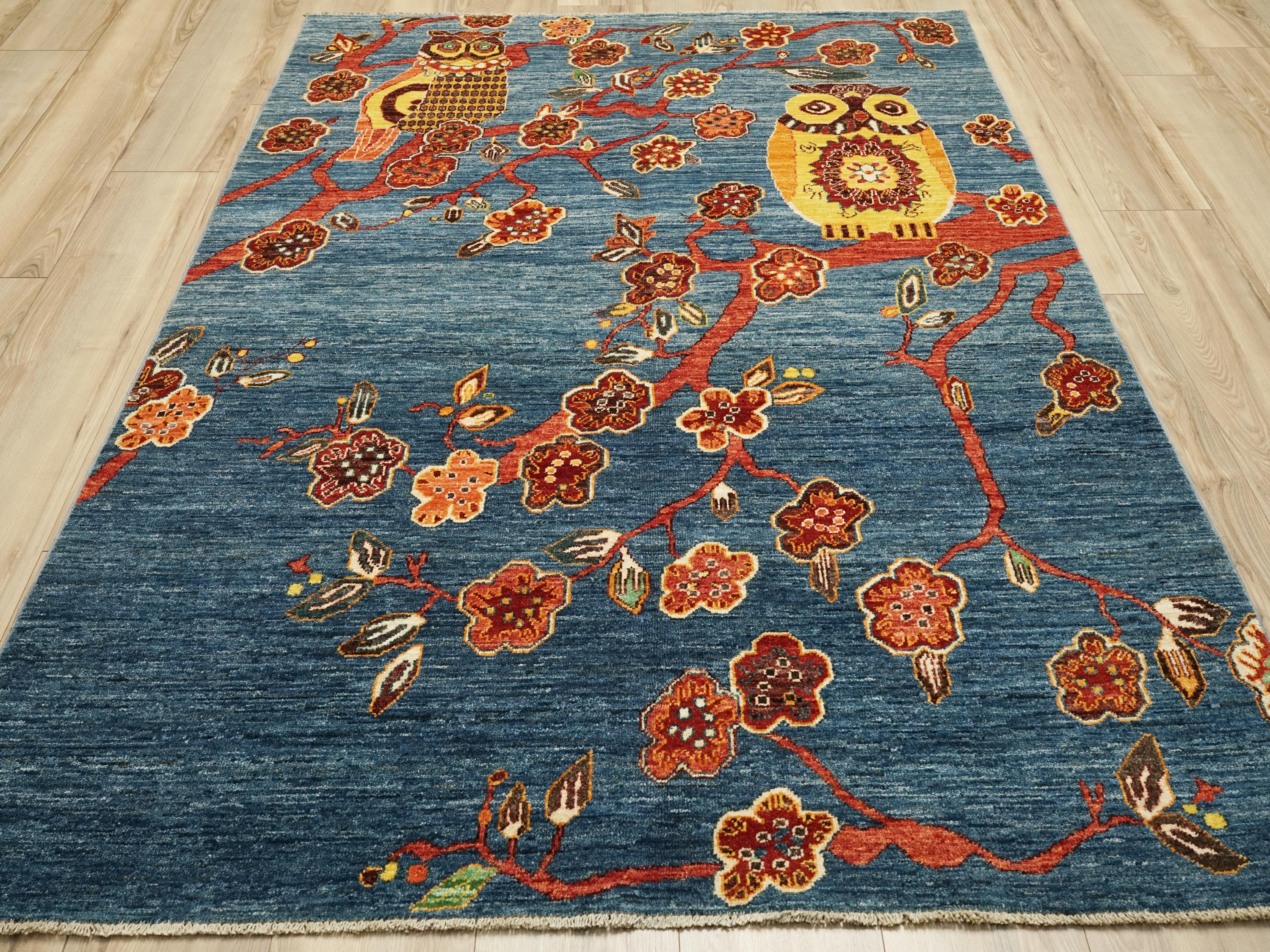 5x7 Ft Blue Owl Rug - Afghan Handmade Rug - Oriental Rug - Animal Rug - Wool Rug - Rug for Living ro