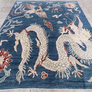Alfombra de dragón azul de 2,4 x 3 m - Alfombra oriental afgana