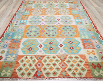 7x10 Ft Orange & Green Kilim Rug - Afghan Tribal Flat Weave