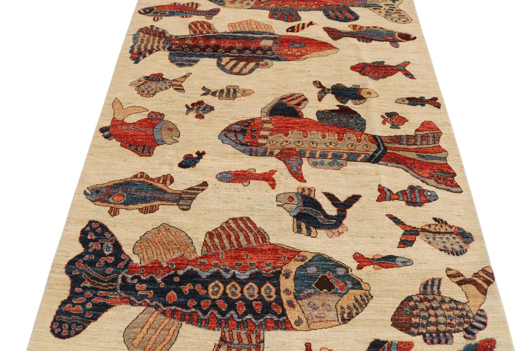 6x9 Ft Beige Fish Rug Traditional Hand Knotted Rug Area Rug Fish Rug ...