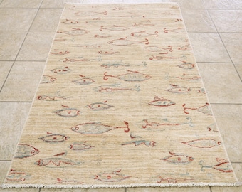 3x5 Ft Beige Fish Rug - Afghan Handmade Rug - Oriental Rug - Wool Rug - Area Rug