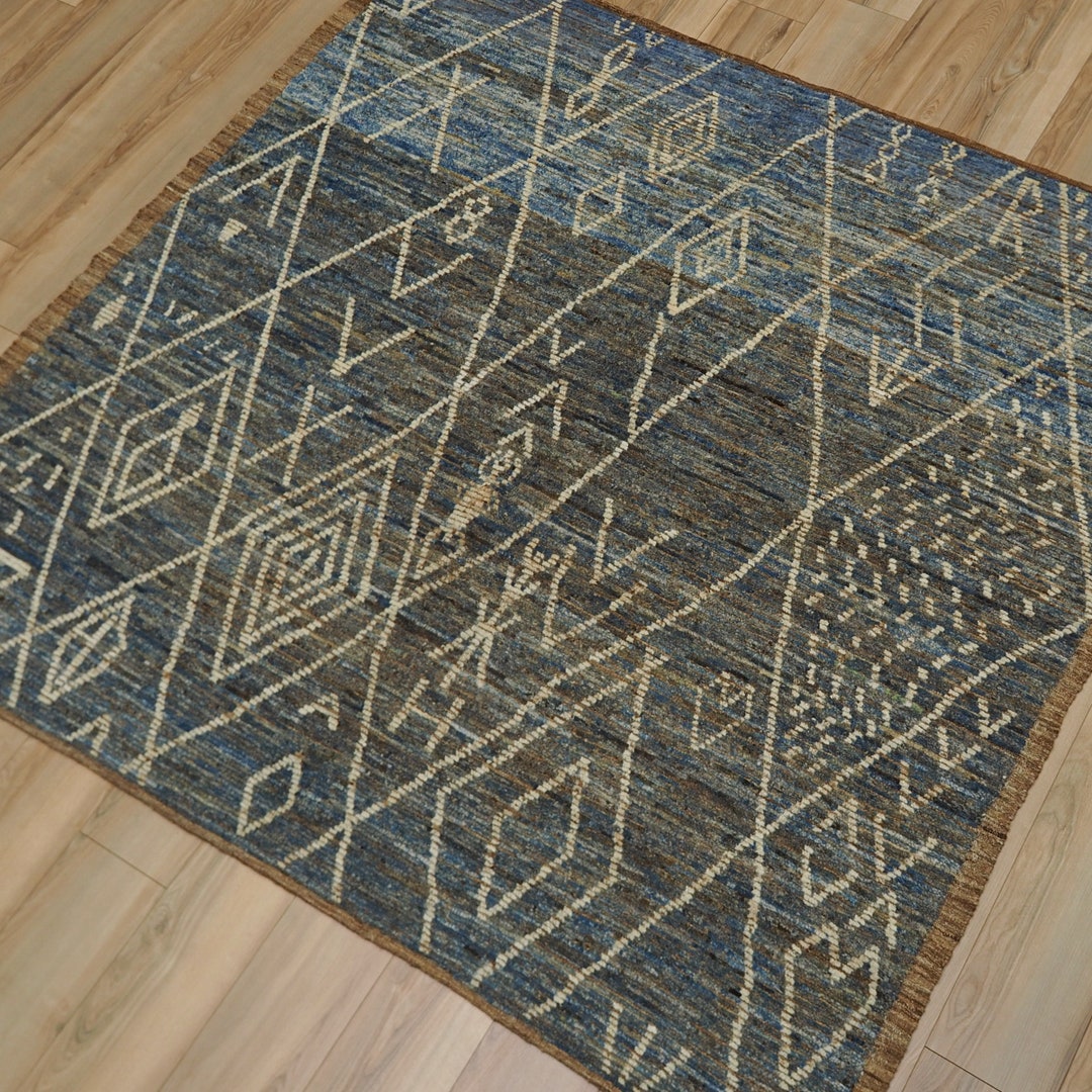 7x7 Ft Blue Moroccan Rug Modern Hand Knotted Rug Oriental Rug Bedroom ...