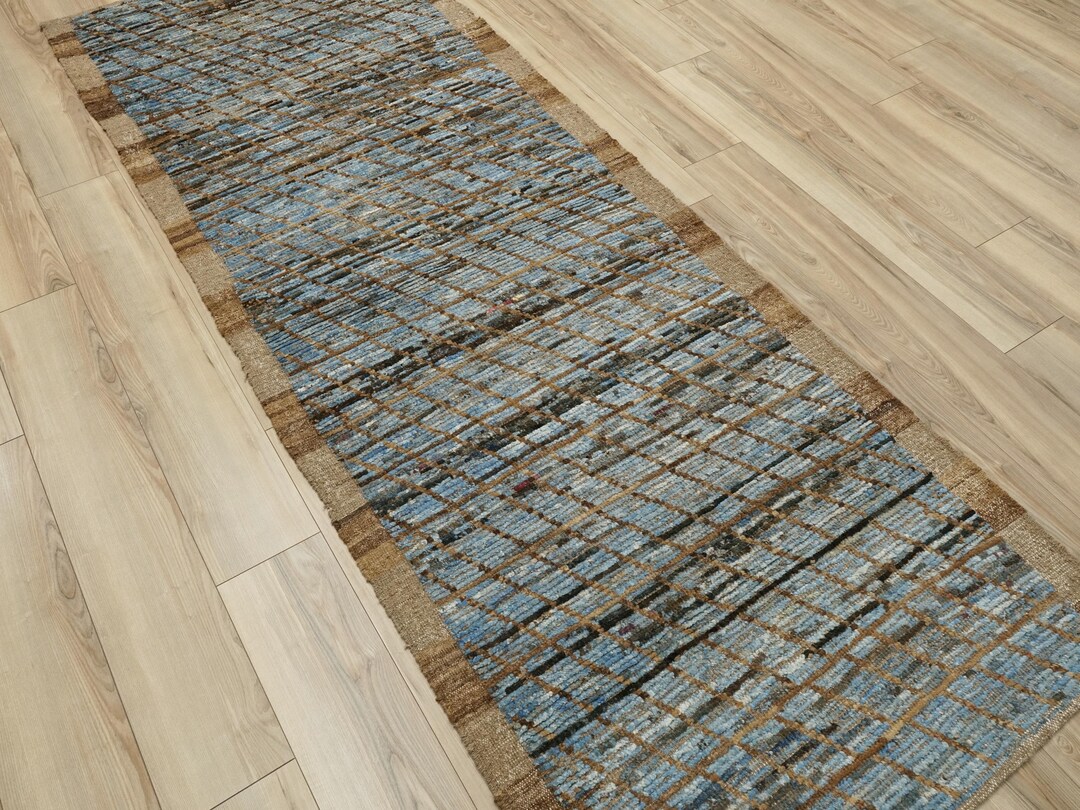 10 Ft Brown & Blue Moroccan Wool Runner Rug: Afghan Handmade Rug - Etsy