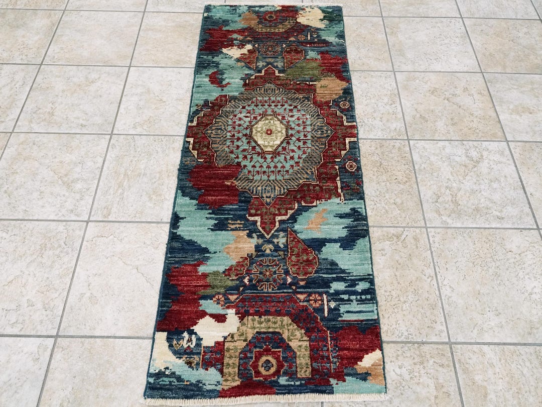 2x5 Ft Blue Mamluk Rug - Hand Knotted Wool Hallway Runner - Etsy