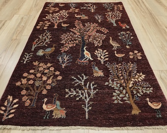 3x5 Ft Dark Brown Peacock Rug - Afghan Handmade Rug - Oriental Rug - Area Rug - Bird Rug - Wool rug