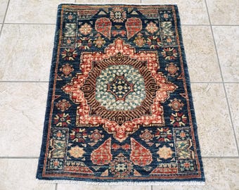 2x3 Ft Hand Knotted Dark Blue Mamluk Rug - Oriental Accent Rug