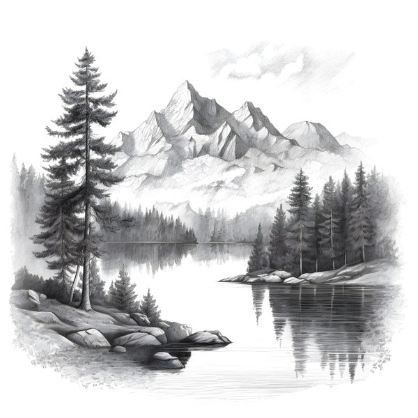 Peaceful Mountain Lake Pencil Illustration