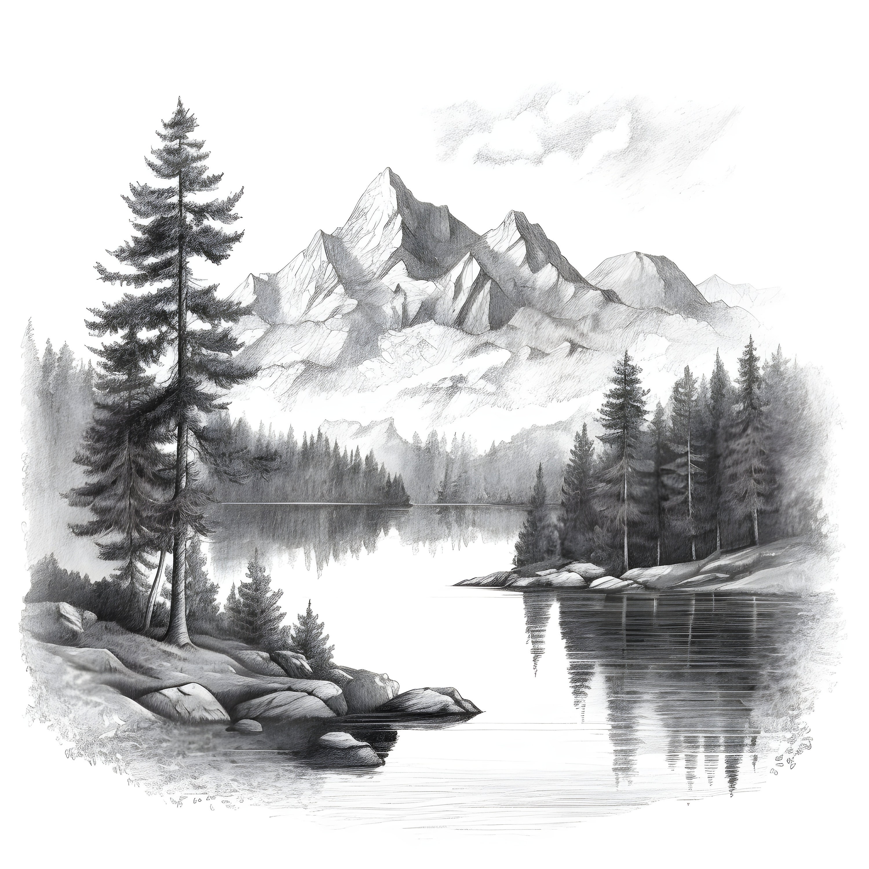 Peaceful Mountain Lake Pencil Illustration - Etsy