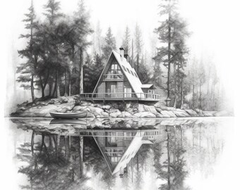 Peaceful Mountain Lake Pencil Illustration (Instant Download) - Etsy