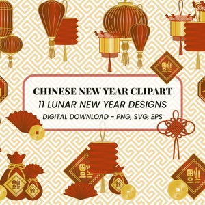 Clipart du Nouvel An chinois - Autocollants sur le thème du Nouvel An lunaire ; Graphique de téléchargement numérique ; Vecteur / PNG pour l’artisanat / Journalling
