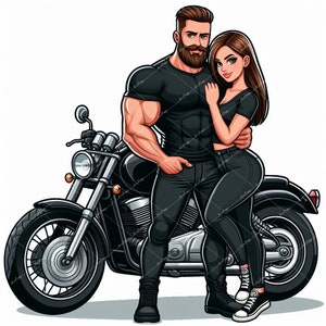 Cartoon Biker Couple, Motorcycle Couple, Clipart Design, PNG File