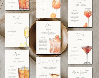 Cocktail Recipe Card Printable, Eight Printable Recipe Cards, Cocktail Recipes Set 2, Printable Drink Recipe Card, Cocktail Party Drink Card