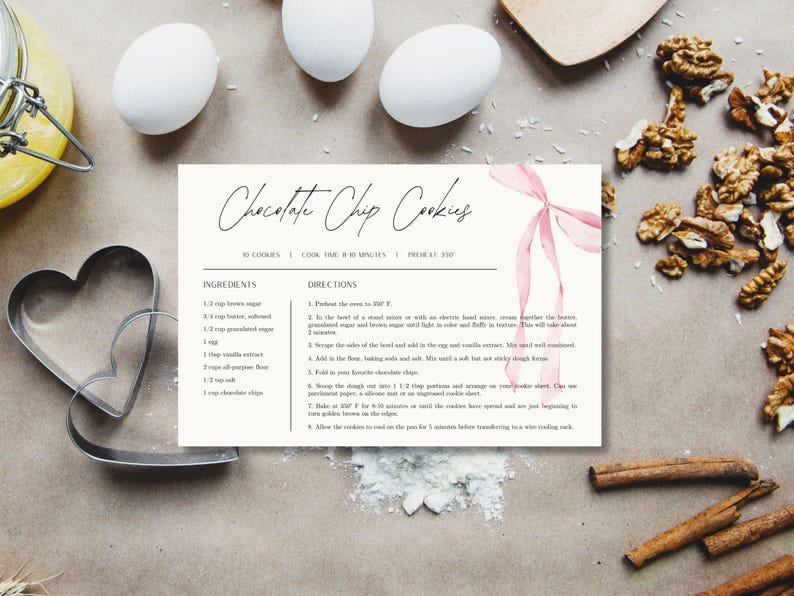 May include: Printable recipe card with a pink watercolor ribbon design for chocolate chip cookies. The recipe includes ingredients and directions for making 30 cookies.