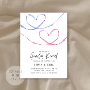 Invitación de revelación de género personalizada y editable, invitación de revelación de género con corazones imprimibles, invitación de revelación de género con corazón neutro