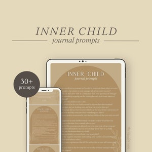 Może przedstawiać: Cyfrowa ilustracja przewodnika po pytaniach do dziennika z tekstem "INNER CHILD journal prompts" w brązowym kółku na beżowym tle. Tekst "30+ prompts" znajduje się w kółku po lewej stronie obrazu. Pytania do dziennika są wymienione w kolumnie po prawej stronie obrazu.