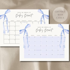 Editable Personalized Guess the Due Date, Blue Bow Due Date Calendar Baby Shower Game, Bow Baby Shower Due Date Sign, Guess Baby&#39;s Arrival