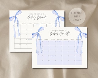 Editable Personalized Guess the Due Date, Blue Bow Due Date Calendar Baby Shower Game, Bow Baby Shower Due Date Sign, Guess Baby's Arrival