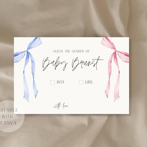 Tarjetas de juego editables y personalizadas para adivinar el género, fiesta de revelación de género con moño, juego de baby shower, revelación de género de niño o niña, emita su voto