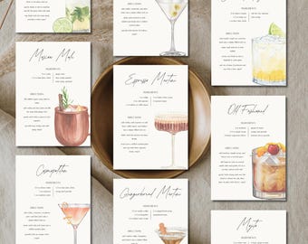 Cocktail Recipe Card Printable, Eight Printable Recipe Cards, Cocktail Recipes Set 1, Printable Drink Recipe Card, Cocktail Party Drink Card