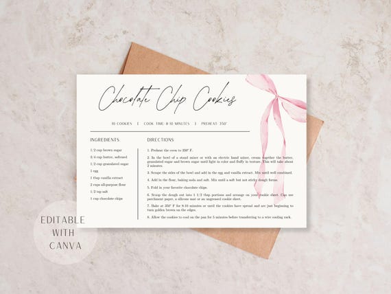 Editable Recipe Card Template, Minimalist Pink Bow Recipe Card, Personalized Cute Recipe Card, Diy Recipe Card, Canva Editable Recipe Card