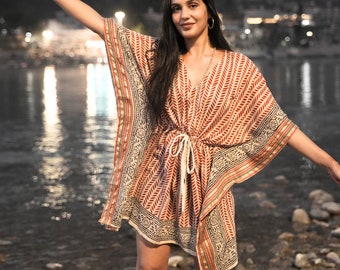 Kosmoh Short Cotton Kaftan, Indian Block Printed Kaftan, Women's Casual Wear Dress, Beach Cover Up, Lounge Wear, Short Summer Caftan Dress