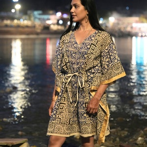 Block Print Cotton Kaftan with Golden Zari Border, Cotton Indian Hand Block Print Mini Caftan Dress, Summer Beach Wear, Cover Up For Women