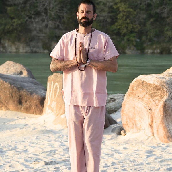 KOSMOH Co-Ord Set 100% Khadi Cotton Pink Yoga Co-Ord Set For Men, Loose Lounge Wear, Eco-Friendly Cotton Yoga Wear, Two Piece Cotton Set