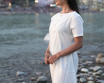 Organic White Cotton Tunic Dress - Short Sleeve, Beach Cover Up
