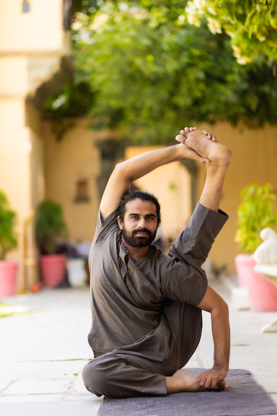 KOSMOH Grey Khadi Cotton Co-ord Set for Men, Traditional Yoga