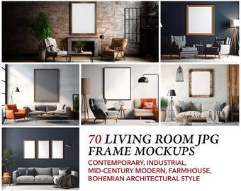 May include: 70 living room interior design mockups featuring various styles, including contemporary, industrial, mid-century modern, farmhouse, and bohemian. Each mockup includes a blank frame for showcasing artwork, photography, or other designs.