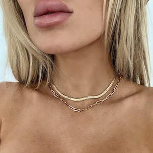 Gold Layered Necklace Set, 18k Gold Necklace Stack, Paperclip Chain Necklace, Herringbone Necklace, Simple Jewelry, Choker Set