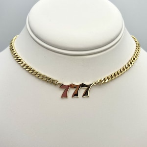 Gold 777 Necklace 14k Gold Necklace Angel Number Pendant Cuban Link Chain Gift for Her