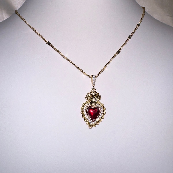 Sacred Heart Pendant, Flaming Heart Necklace, 14k Gold Heart Necklace, Red Heart Jewelry, Christian Jewelry, Catholic Necklace, Easter Gift