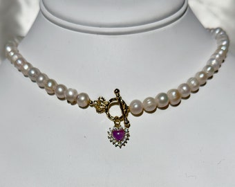 Pearl Choker with Heart Charm, Real Pearl Necklace, Amethyst Heart Necklace, Gold Toggle Clasp, Coquette Jewelry, Simple Necklace
